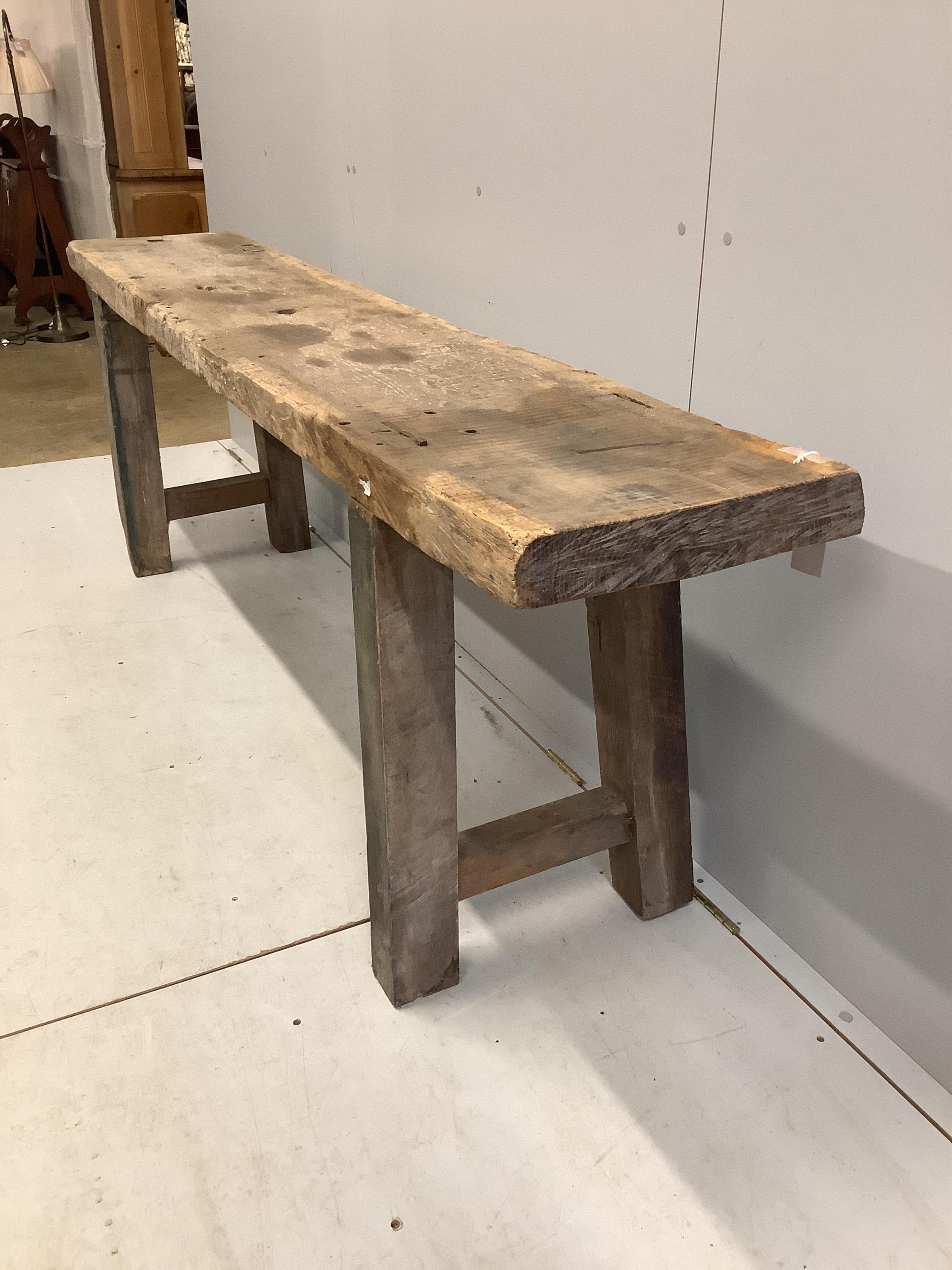 A 19th century fruitwood serving table, width 220cm, depth 40cm, height 72cm. Condition - poor to fair